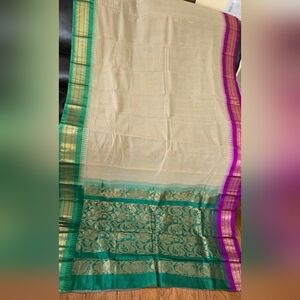 Beautiful New Beige Color Cotton Gadwal Sari With Green Magenta Silk Border